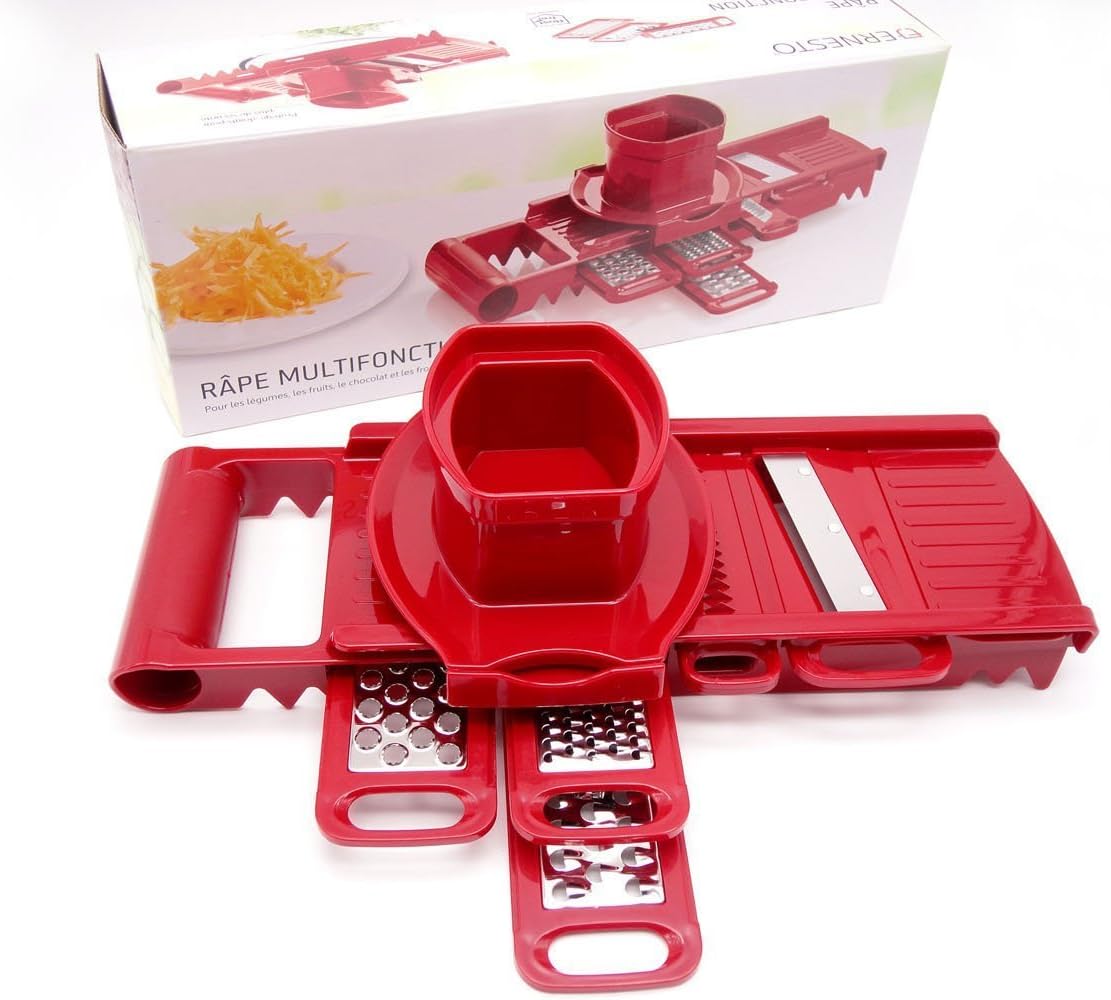 Kitchen Tools Set,Food And Vegetables Mandoline Slicer With Blades For Fruit And Cheese Cutter, Carrot Grater, Onion Chopper, Julienne Peeler with Safety Hat (5 in 1Red)