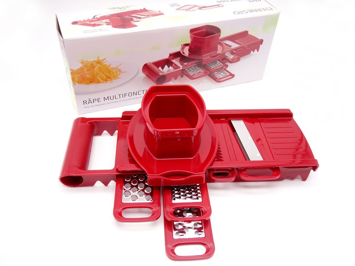 Kitchen Tools Set,Food And Vegetables Mandoline Slicer With Blades For Fruit And Cheese Cutter, Carrot Grater, Onion Chopper, Julienne Peeler with Safety Hat (5 in 1Red)