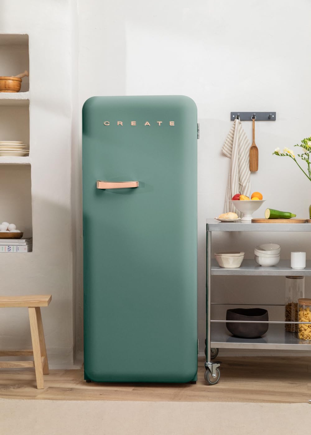 CREATE / RETRO FRIDGE 150 WOOD/Frigorífico blanco roto maneta madera con congelador 281L / 102W. bajo consumo. diseño vintage. 150cm. 3 estantes. regulador temperatura. botellero. 60x60x150cm — view 102