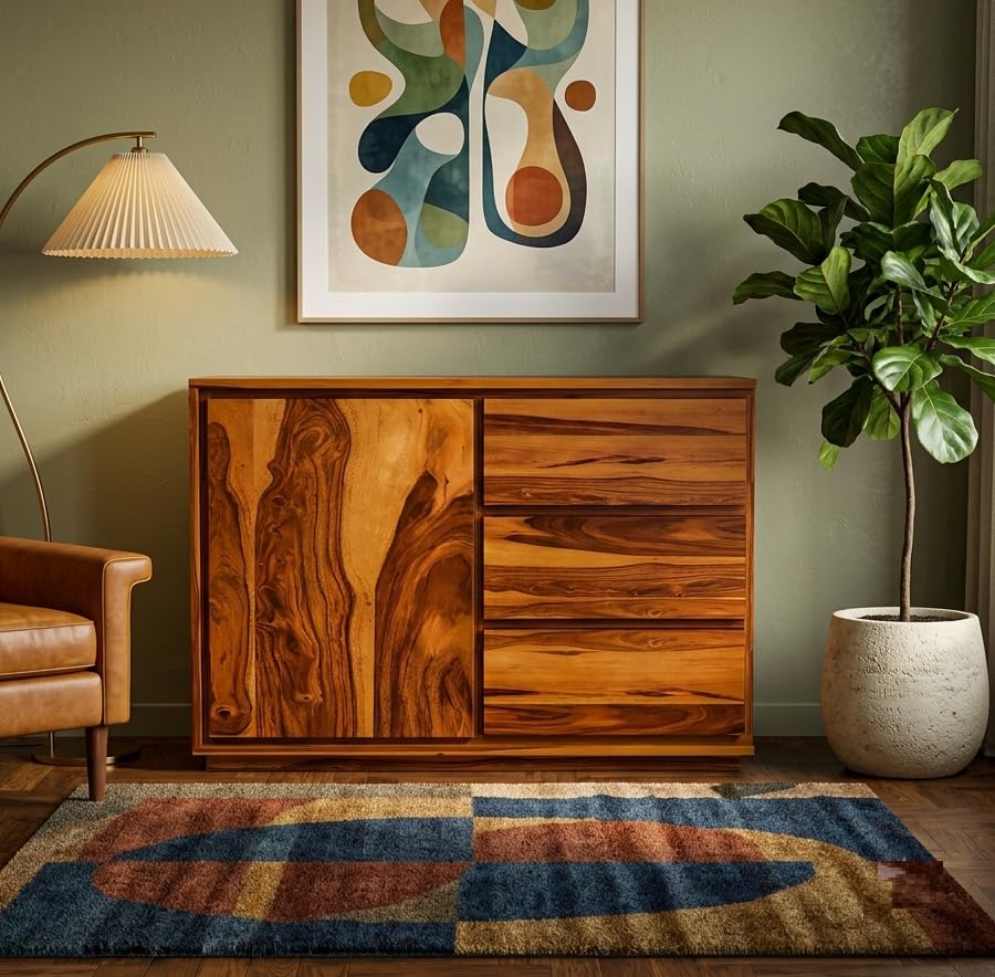 Sheesham Wood Sideboard Cabinet for Living Room | Wooden Free Standing Movable Tv Unit Side Board Table with Drawer & Chest of Drawers Furniture for Home (Honey Finish)-image-18