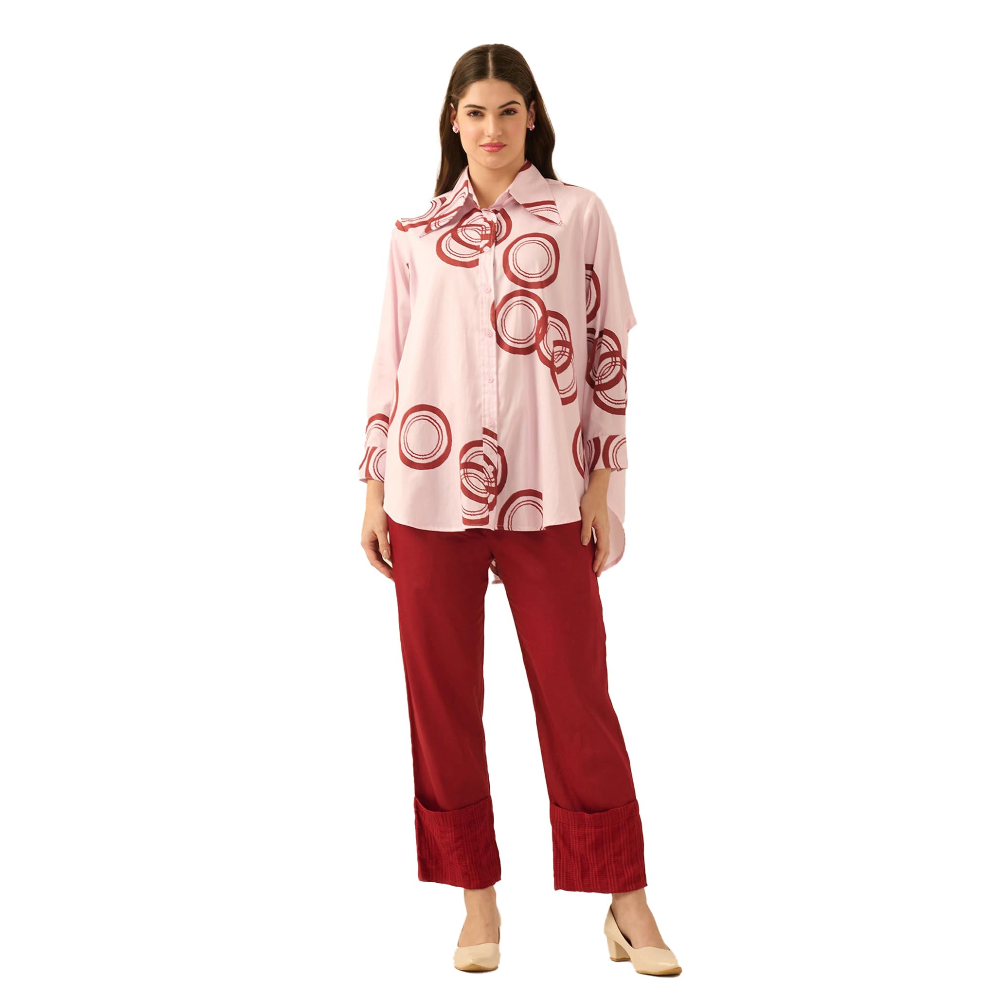 pink and red powerful print shirt with cutout sleeves and folded hem straight trouser set