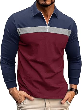 Volemo Men's Zip Polo Shirt Long Sleeve Golf Rugby Shirt | 1/4 Zip Polo , Raglan Stlyle, Contrast Colors, Collared Neck, Regular Fit, Casual & Golf T-shirt, S-2XL