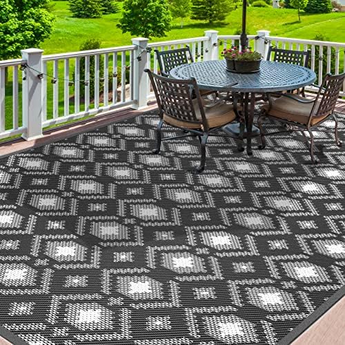 Outdoor Rug, 5x8ft Outdoor Plastic Straw Rug, ROMROL Reversible Mats, Area Rug Decor, Waterproof, Portable, Camping Mat and Rug for Indoor, Outdoors, RV, Patio, Picnic, Beach, Camping, Black and White