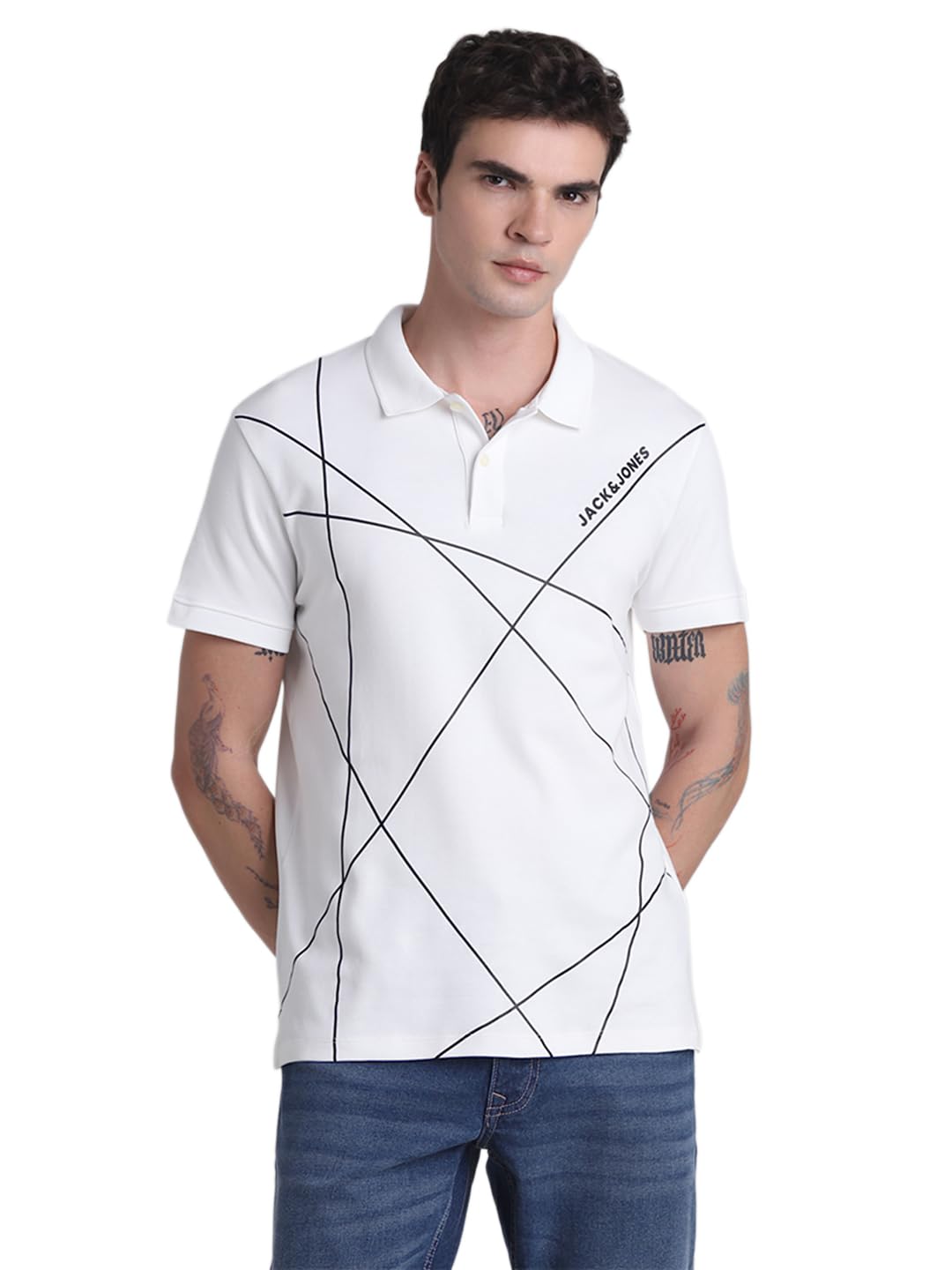 Jack & Jones Men Cotton Brand Logo Printed Polo Collar Short Sleeves Applique Slim Fit T-Shirt