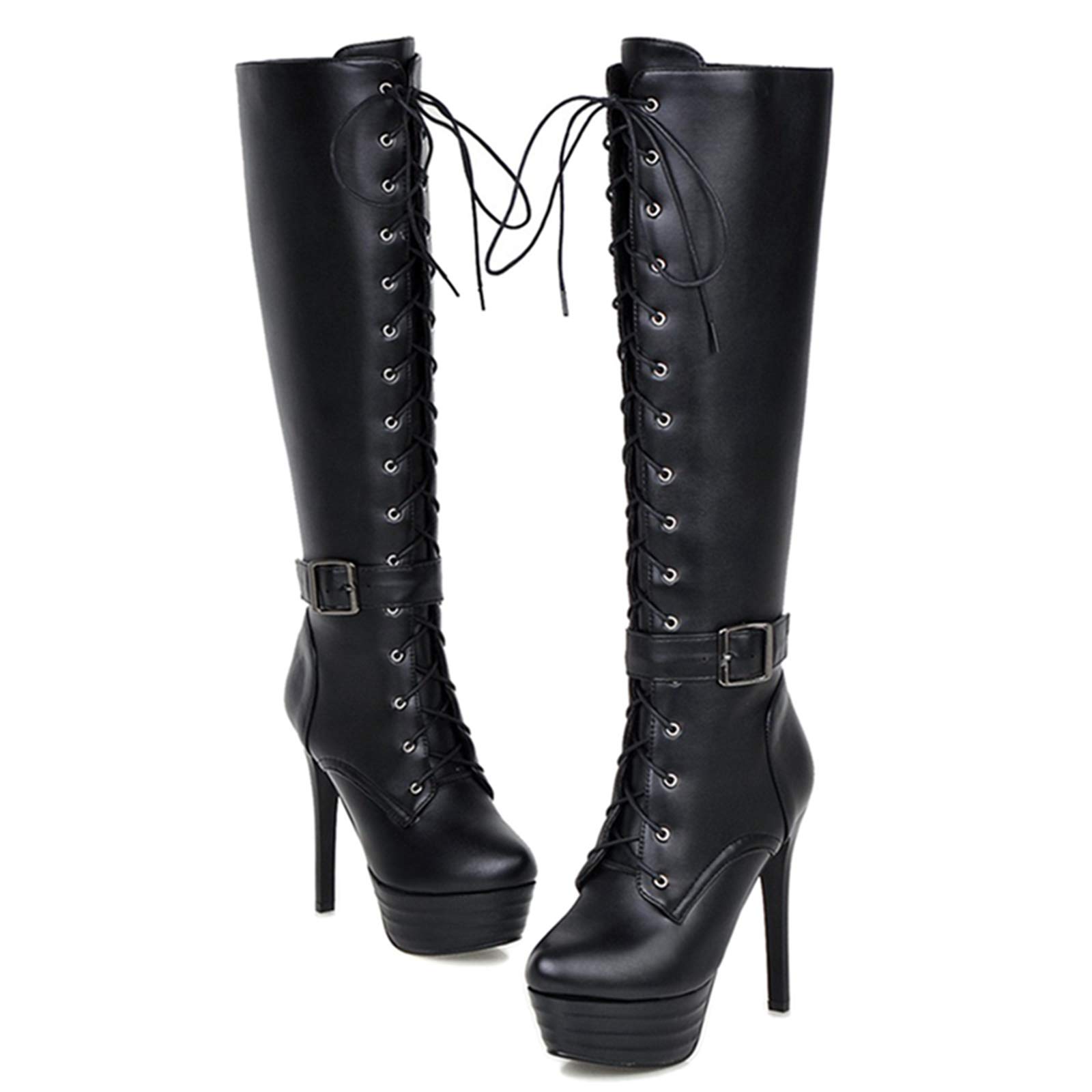 Damen Stiefel Kniehoch Plateau 13cm Schnürung | PU-Kunstleder; Kurzflor-Futter; 13 cm Absatz; 4,5 cm Plateau; Herbst/Winter