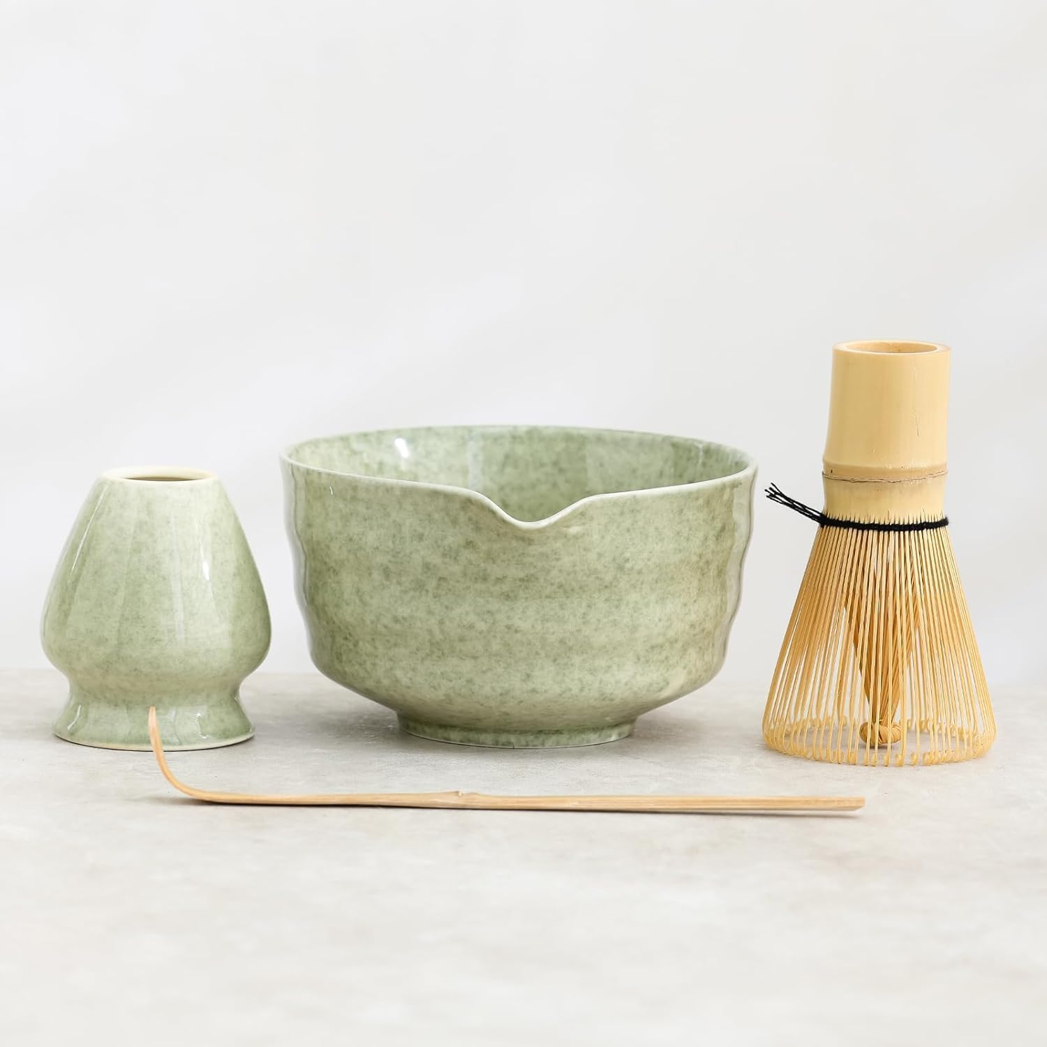 NEKIT Japanese Matcha Tea Set, 4Pcs Matcha Whisk Set with Matcha Bowl, Matcha Bamboo Whisk, Scoop, Whisk Holder, 17 oz Mottled Tea Green Glaze Ceramic Matcha Kit for Tea Lovers