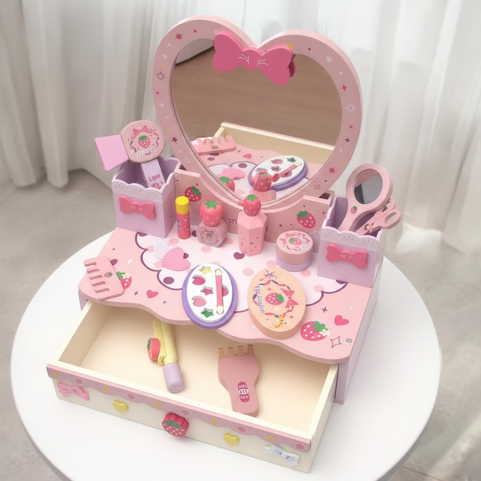 Baoblaze Toeletta Giocattolo Bambina Toelettatura Trucco Specchiera Finta Legno con Specchio a Cuore Cassetto E Accessori di Bellezza Completa di Pettine Forbici Rossetto Adatta per Cameretta