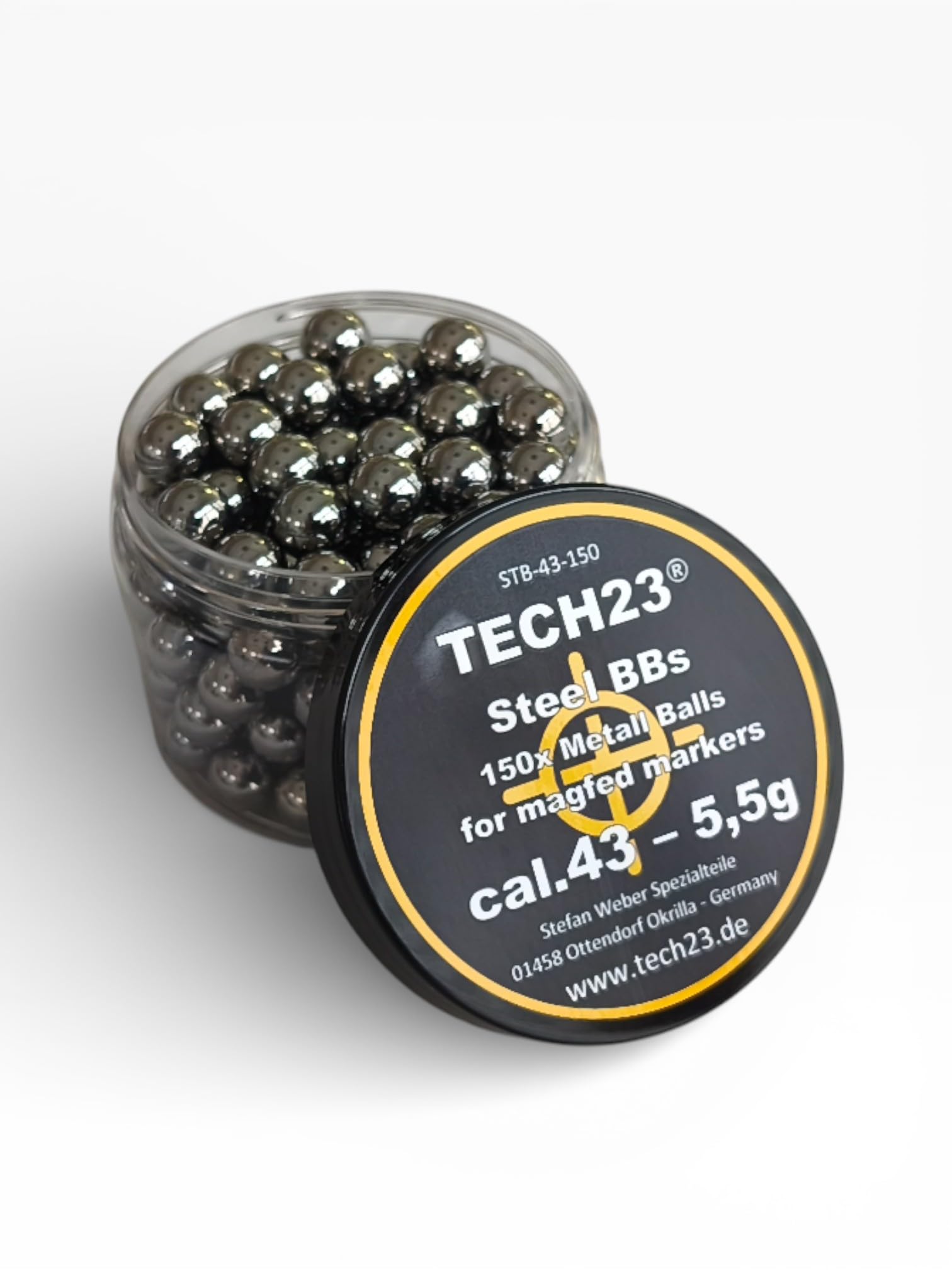 TECH23 150x Steel Shot Premium Chromstahlkugeln Kaliber .43 – 5,5g Schwere Präzisions-Stahlkugeln für T4E RAM Markierer (Glock 17, Walther PPQ, SFP9, PDP) – Ideal für Plinking & Home Defense