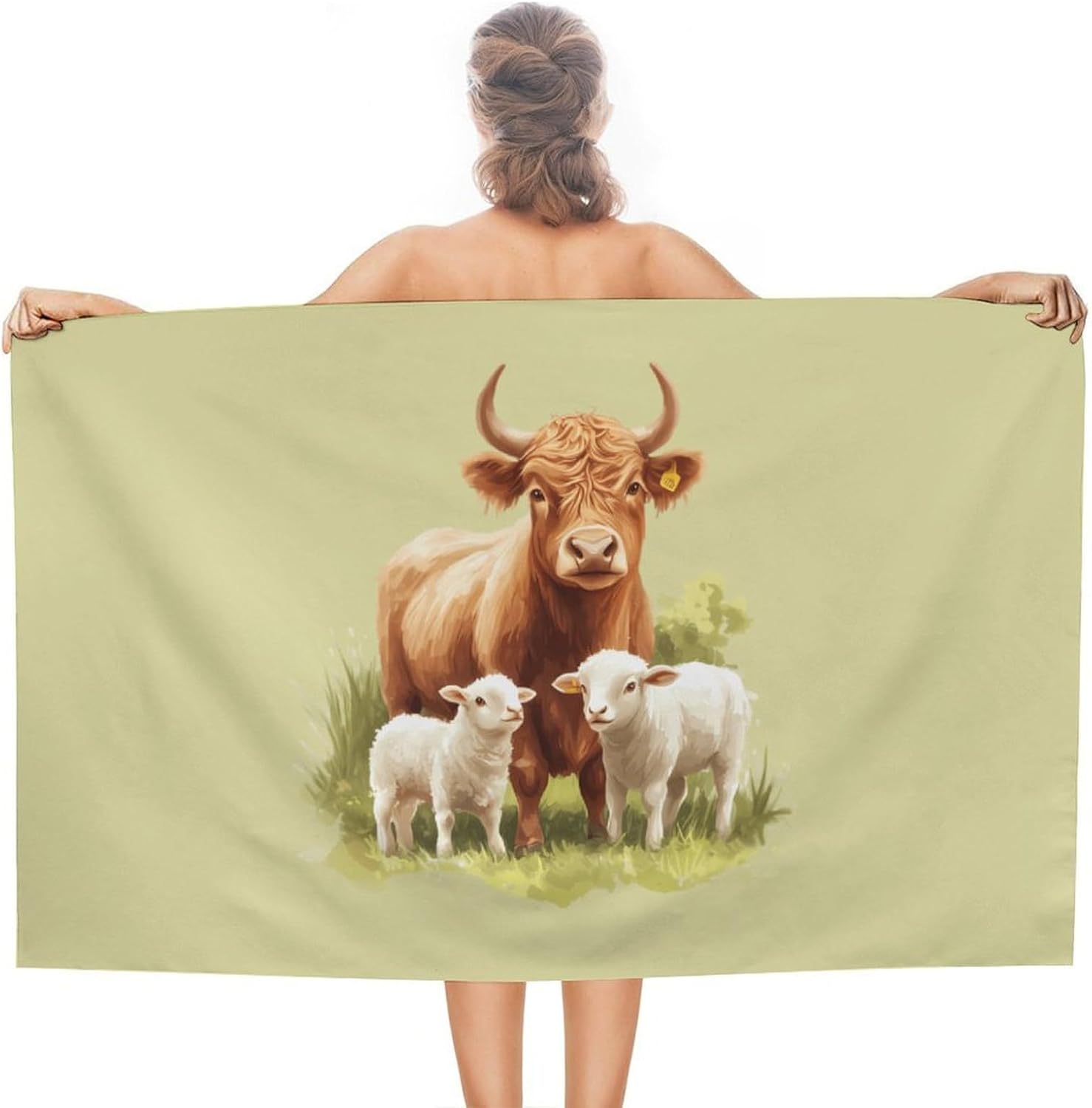 Cute Highland Cow and Lamb Oversized Beach Towel Soft Absorbent Pool Bath Swim Towels for Adults Travel Vacation Gifts 130x80cm