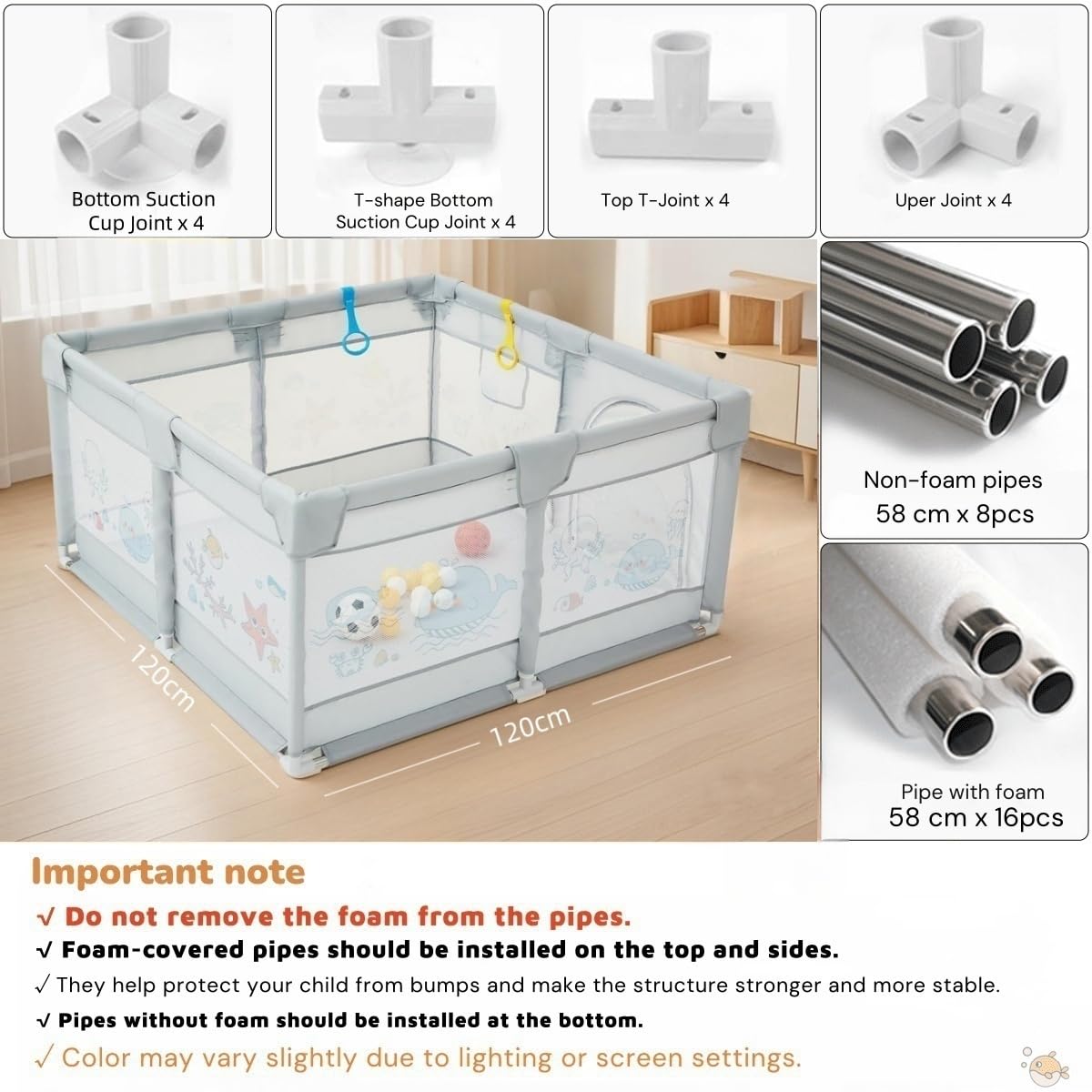 Dawnwake Small Playpen 120 x 120 cm for Toddlers & Kids up to 3 Years with 2 Anti-Fall Grasp Rings, Baby Fence with Safety Lock & Suction Cup (No Mat/No Ball, Non-Foldable) -Grey 2