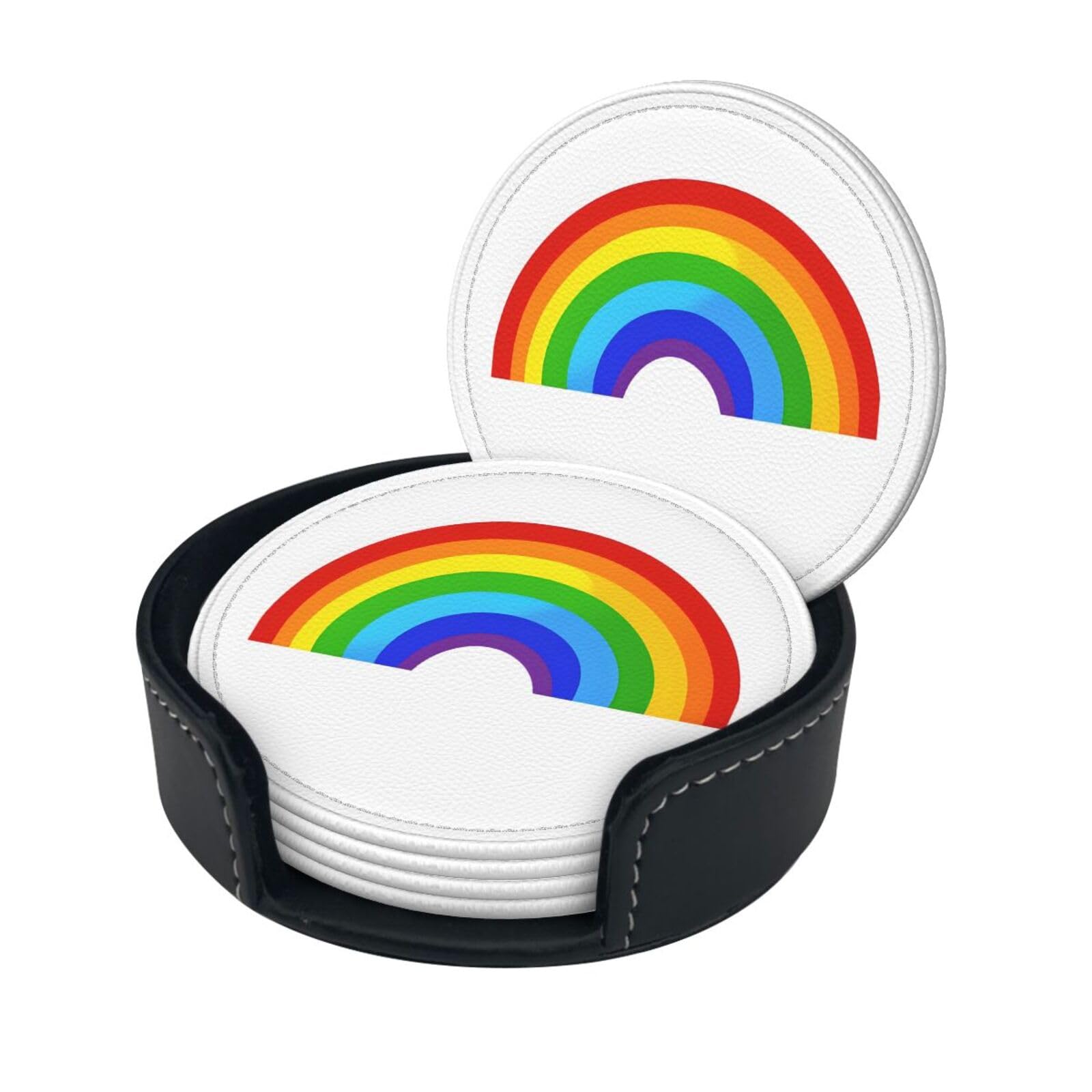 Rainbow Printed Print Coaster,Round Leather Coasters with Storage Box for Wine Mugs,Cold Drinks and Cups Tabletop Protection (6 Piece)