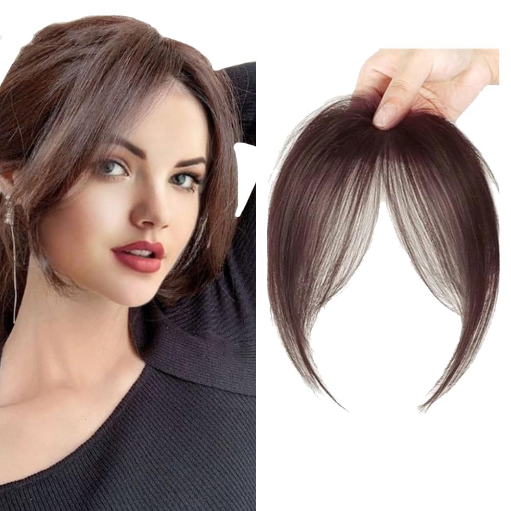 Frangia Clip Capelli Veri Natural 3D Frontale Frangia Posticci Remy Human Hair Bang con Tempie per Donne(Marrone scuro)