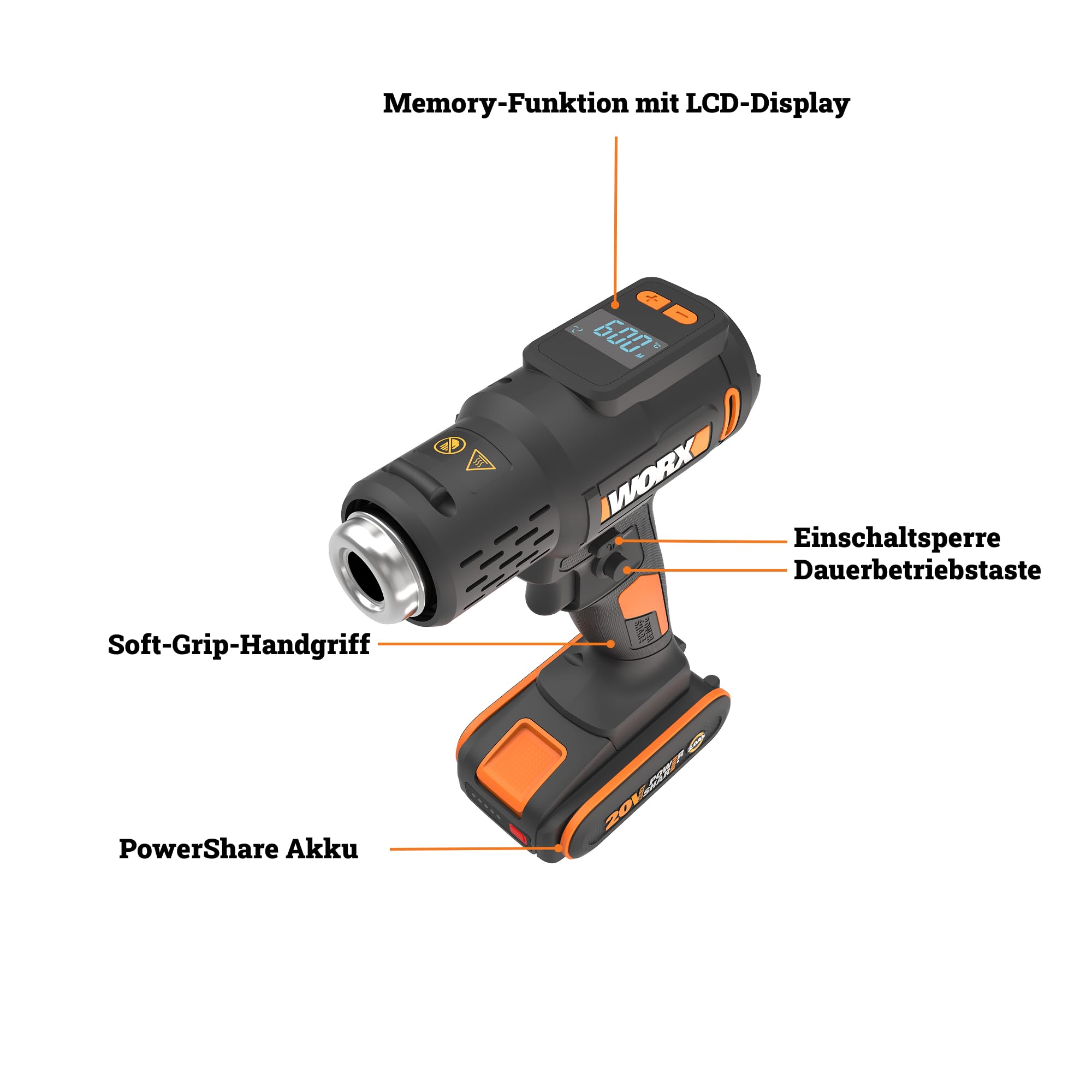 WORX WX015 Akku Heißluftpistole 20V, 20–600°C einstellbar in 10°C-Schritten, LCD-Display, Memory-Funktion, schnelles Aufheizen, inkl. 2Ah Akku & Ladegerät
