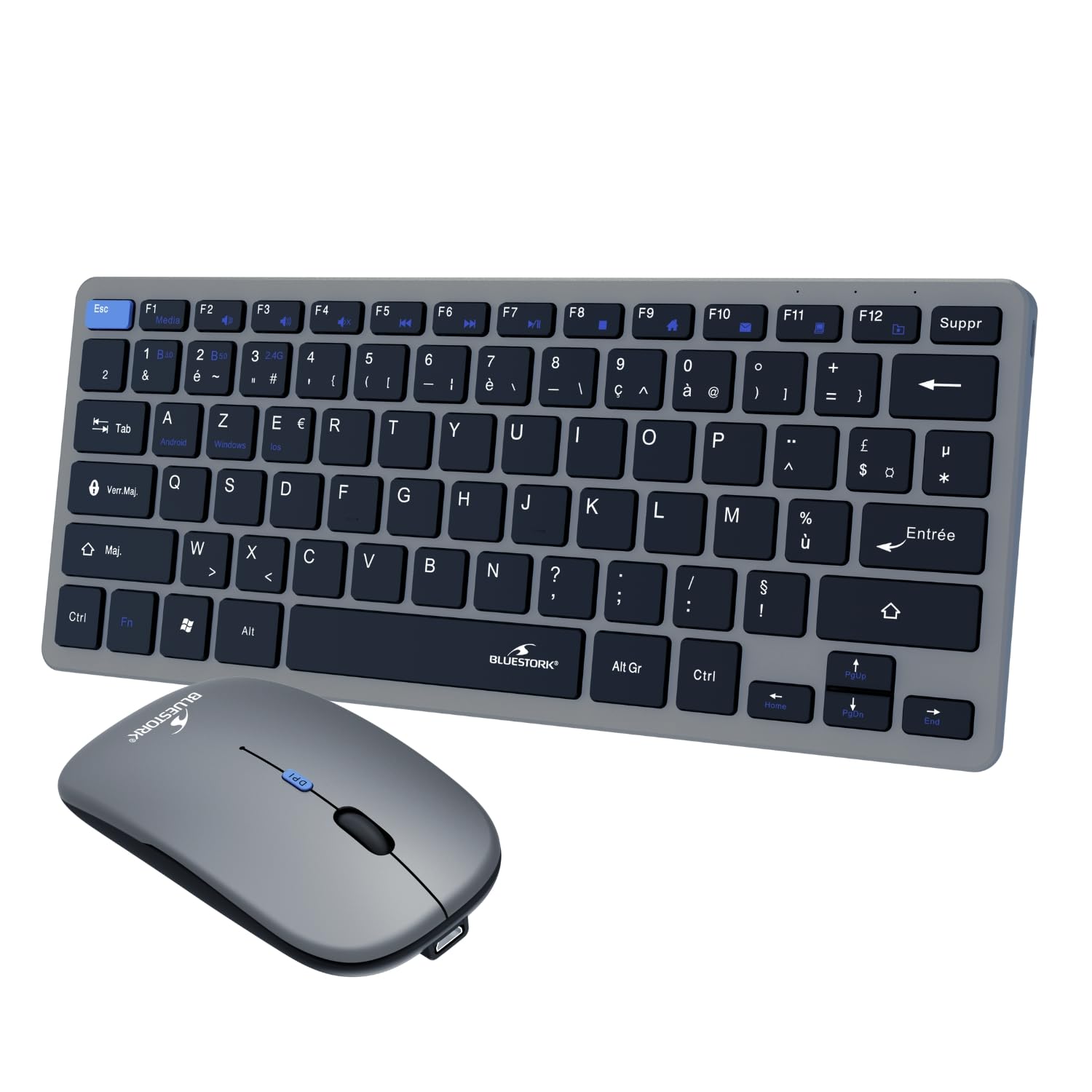 Bluestork Pack Mini V2 - Clavier & Souris sans Fil Rechargeable | AZERTY FR, Sans Fil Double Connexion 2.4GHz & Bluetooth, Clavier Compact + Souris 1600 DPI, 80H Autonomie