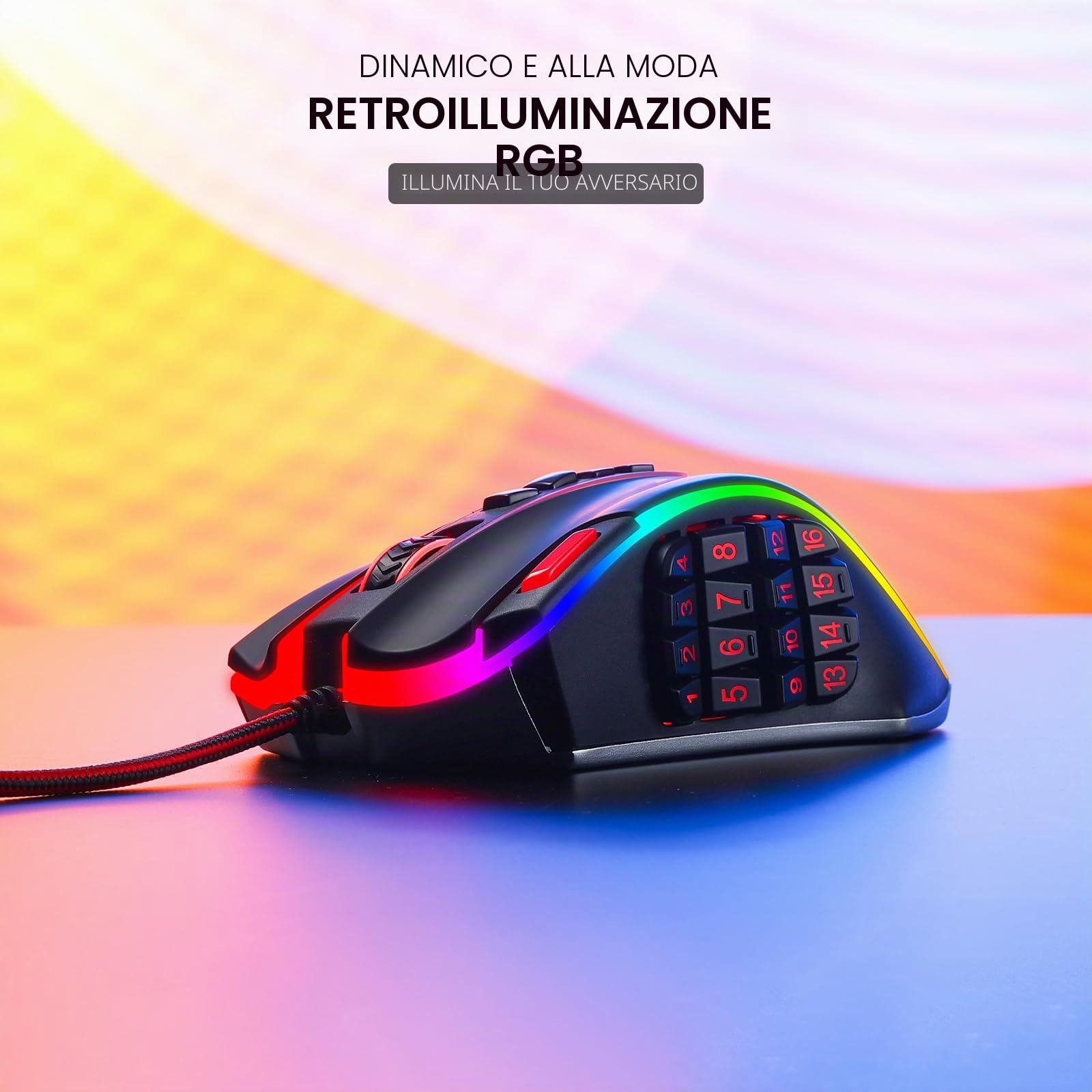 Redragon M990 Mouse MMO Cablato RGB 32000 DPI 23 Tasti Programmabili PC | 16 Tasti Macro Laterali Alta Precisione Base Alluminio Supporto Software PC Gioco