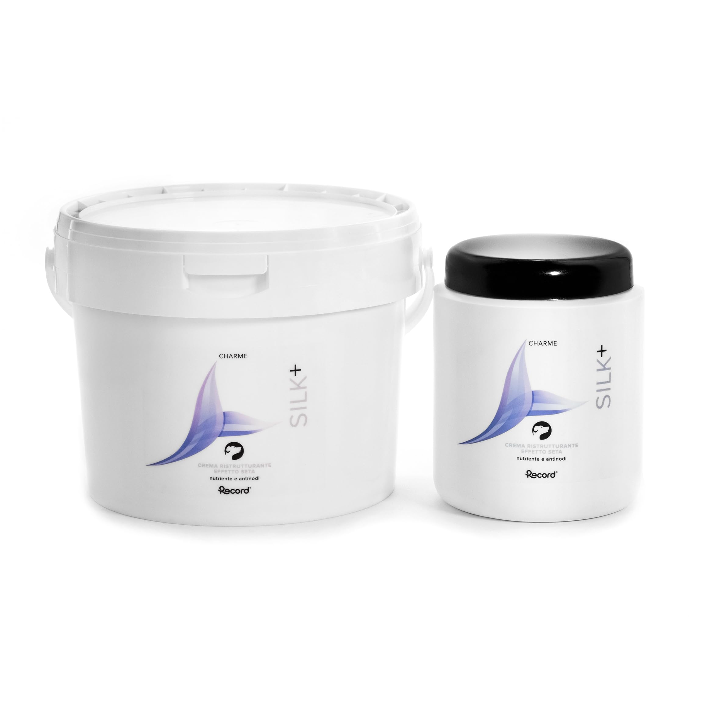 Record Charme Silk+ Crema Ristrutturante per Cani, effetto seta. Crema nutriente antinodi con Burro di Cacao e Olio di Jojoba. Protegge il pelo da smog e raggi solari, Made in Italy da 1L
