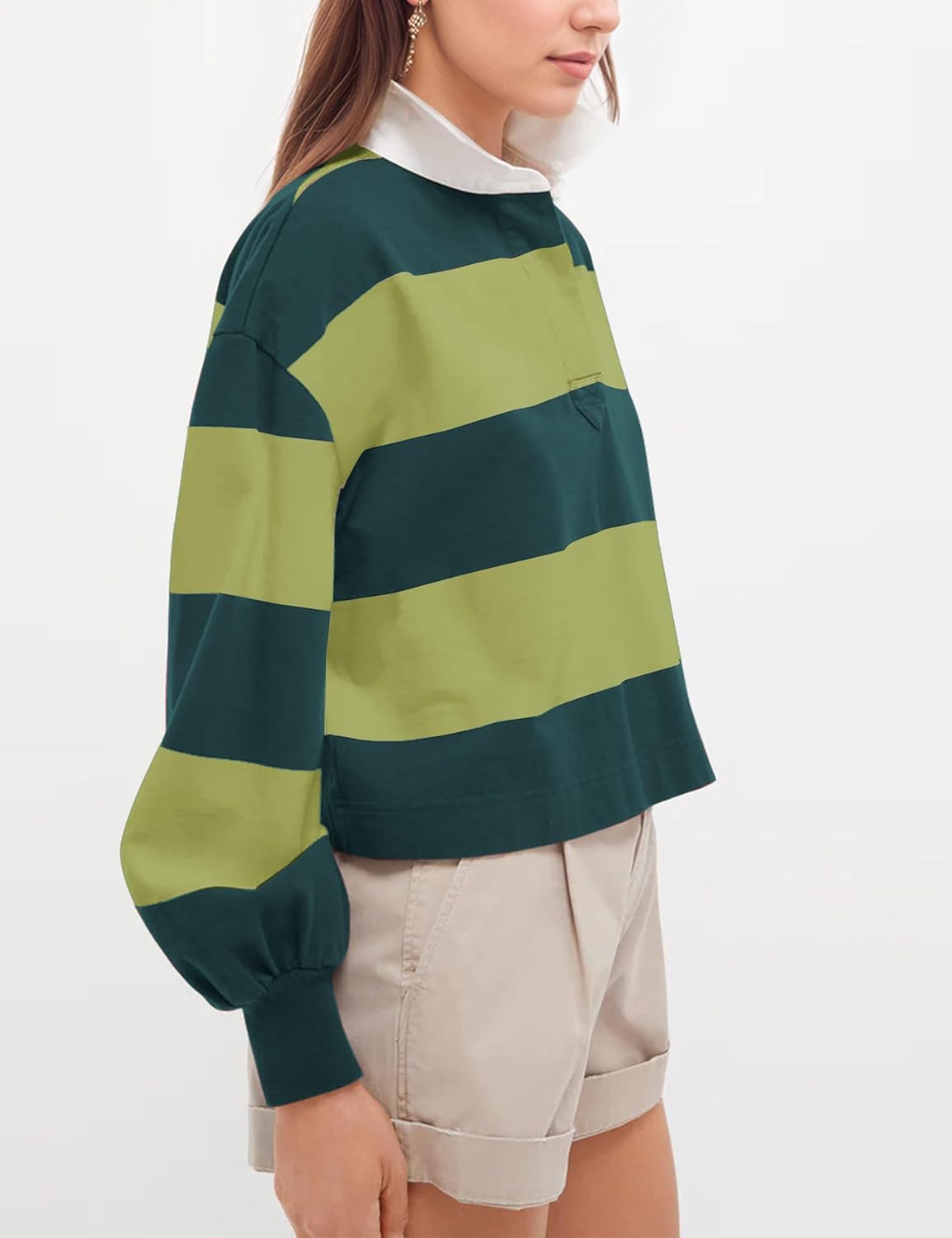 Womens Striped Color Block Polo Sweatshirt Y2k Long Sleeve Lapel Collar Rugby Shirt Button V Neck Pullover Crop Tops - Image 2