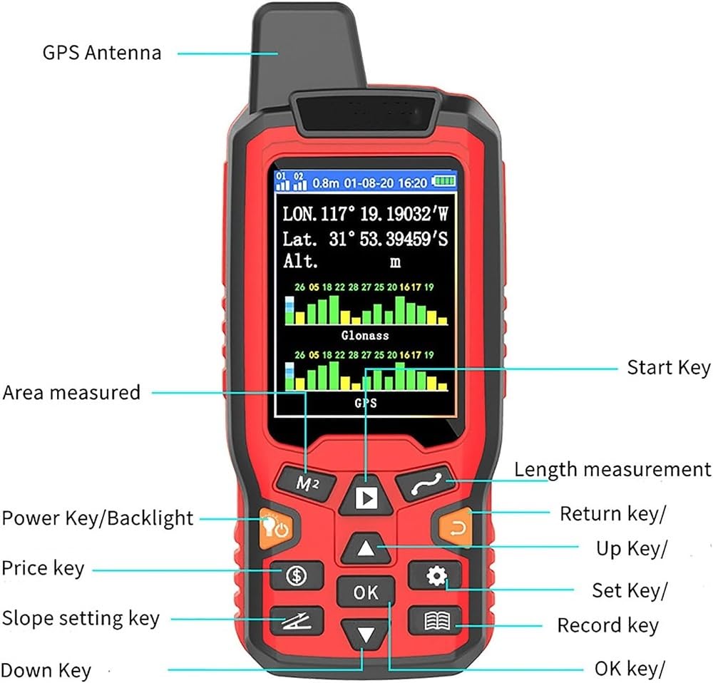 Miernik lądowy GPS, ręczne urządzenie do pomiaru powierzchni, sprzęt do pomiarów GPS z wyświetlaczem LCD 2,4", 3 tryby pomiaru, przenośny i wodoodporny, do rolnictwa, lasu, morza