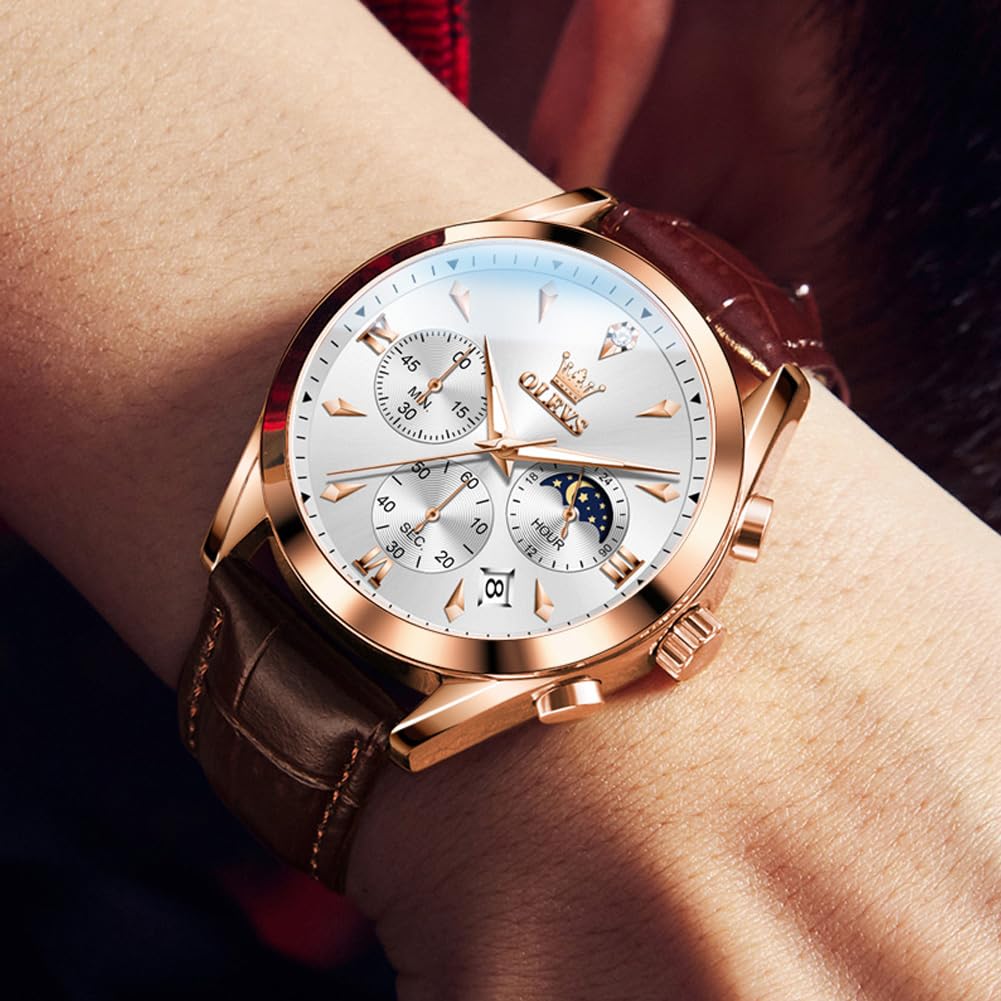 OLEVS Orologio da uomo analogico al quarzo con cinturino in pelle, quadrante grande e data, impermeabile, lussuoso, luminoso