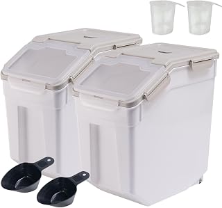 Airtight Flour Storage Container 25lbs (2 Pack) - BPA Free Rice & Food Dispenser with Locking Lid, Measuring Cup & Scoop - Kitchen Pantry Organizer for Cereal, Grain, Pet Food (Grey)