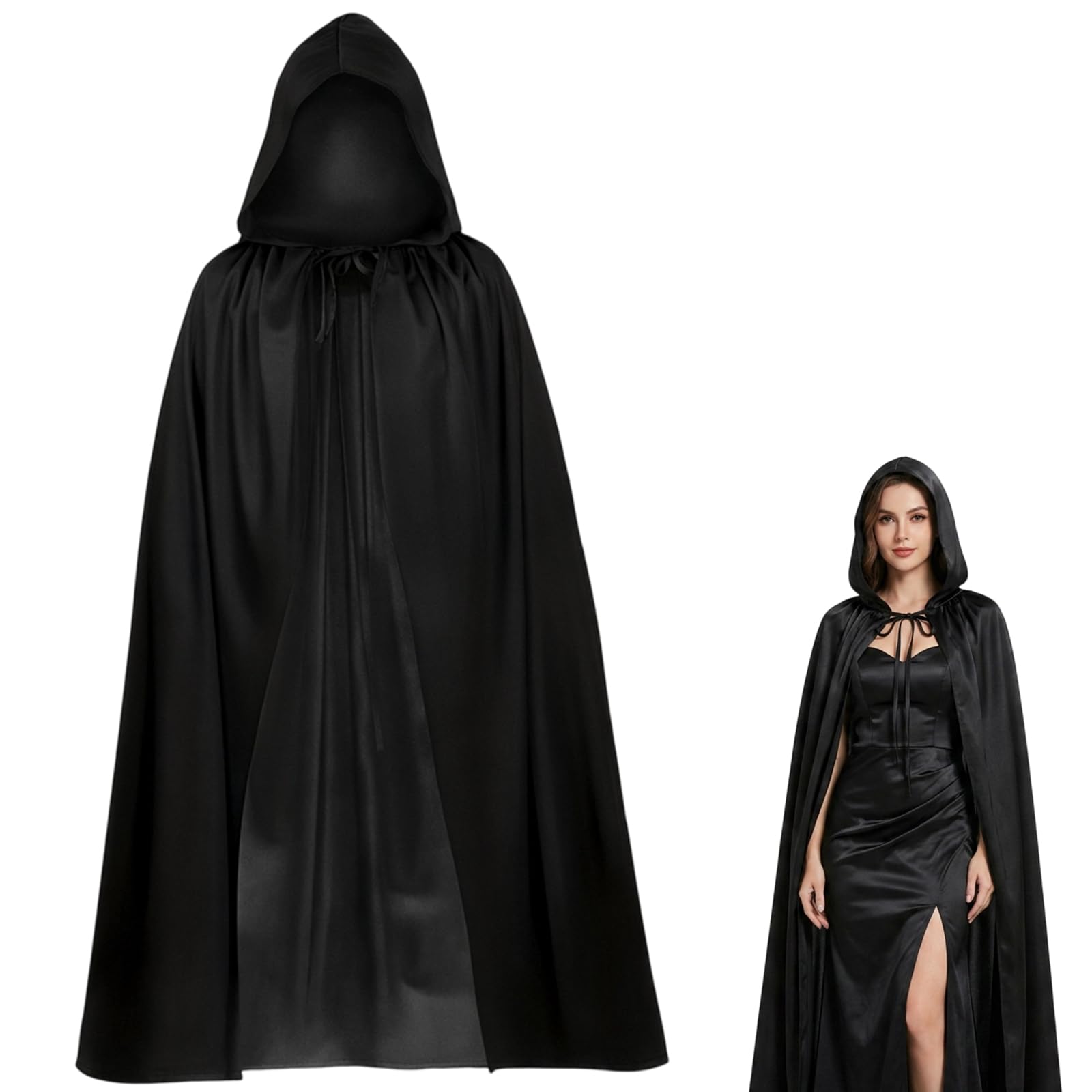 SrgPui Black Cape, Black Cloak with Hood, 140cm Long Black Cloak for Cosplay and Halloween Events, Adult Hooded Cloak for Theatrical Performances and Costume Parties