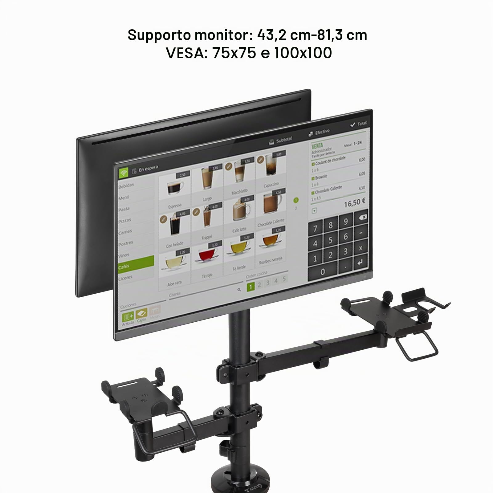 TooQ TQPM0002 - Supporto da tavolo regolabile per POS, consente l'installazione della stampante + 2 schermi da 17"-32" + terminale con lettore, nero