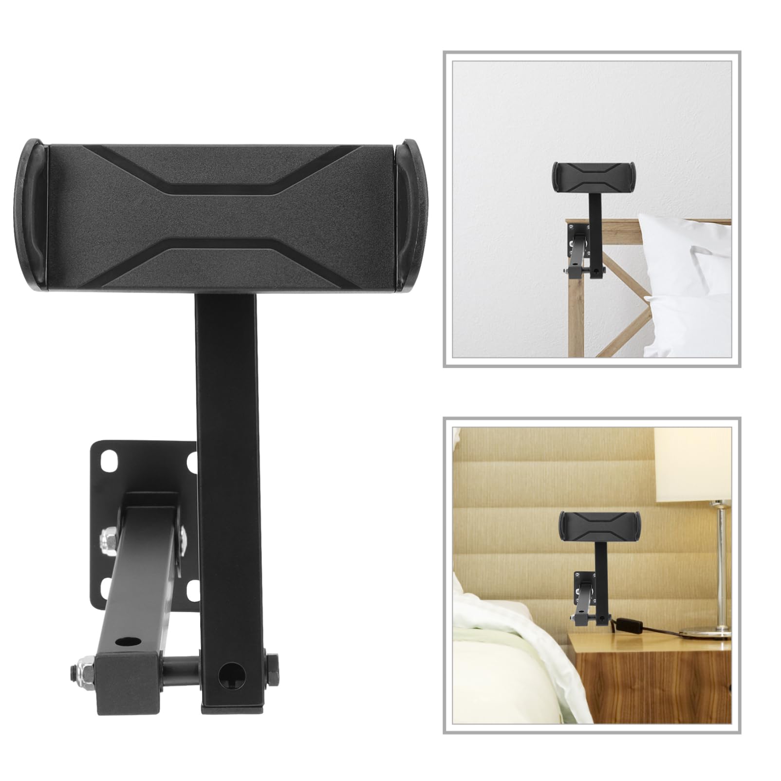 NUOBESTY Supporto da Parete per Telefono e Tablet in Lega di Alluminio Nero | Bracci Regolabili, Sfere Girevoli, Clip Robusta, Pieghevole e Ruotabile a 360°
