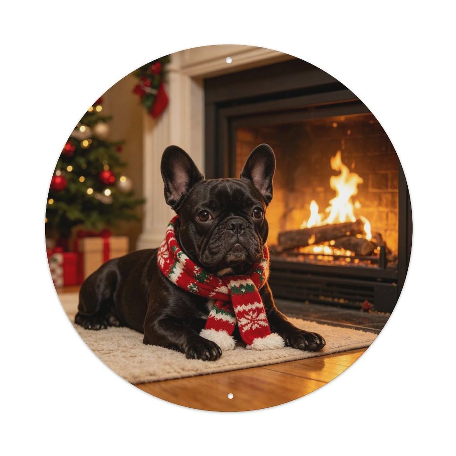 French Bulldog By Christmas Fireplace Metal Tin Sign Plaque