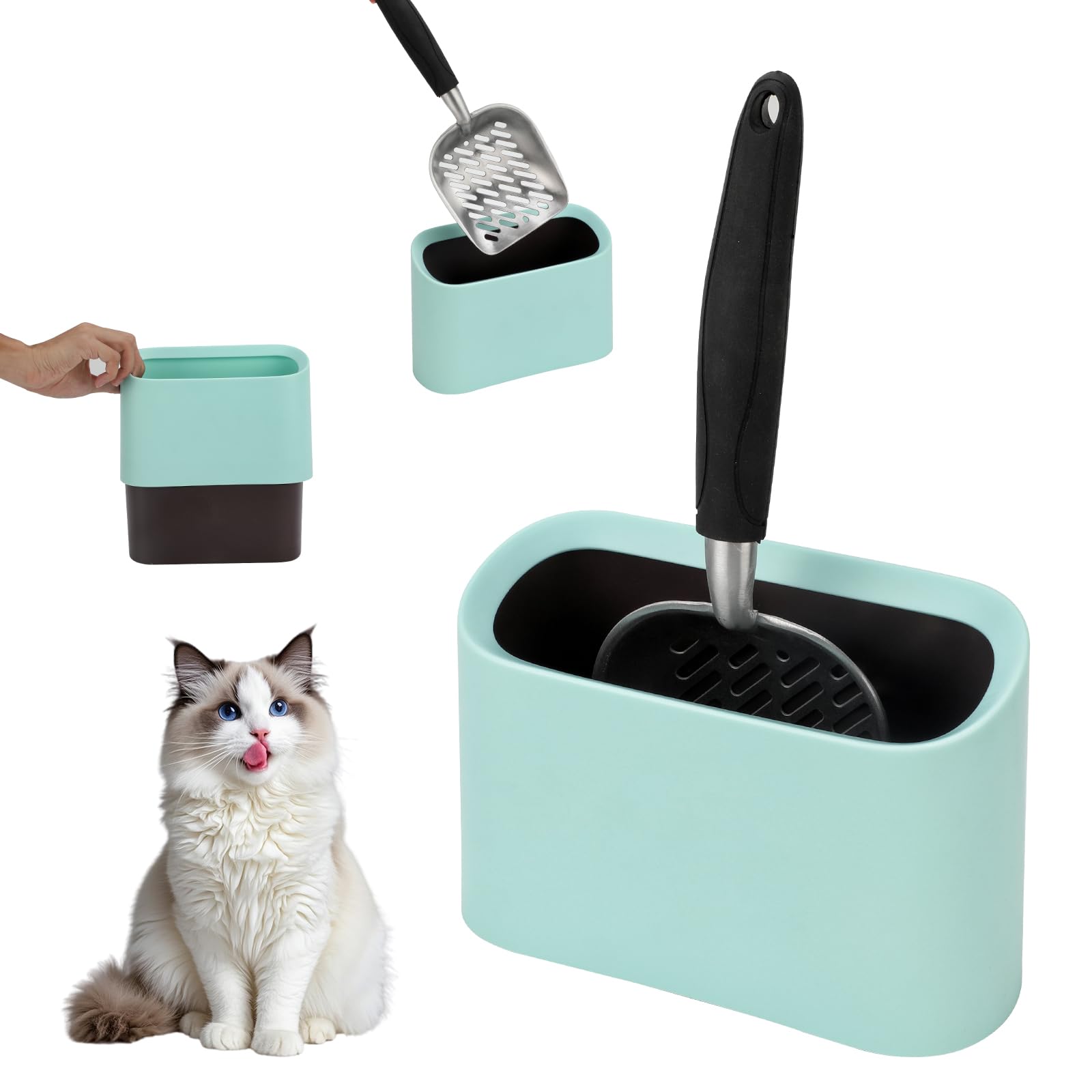Mfsdai Cat Litter Scoop with Holder Aluminum Cat Poop Scooper with Ergonomic Long Handle Fast Sifting Heavy Duty and Easy Clean for Kitten Litter Box(Green)