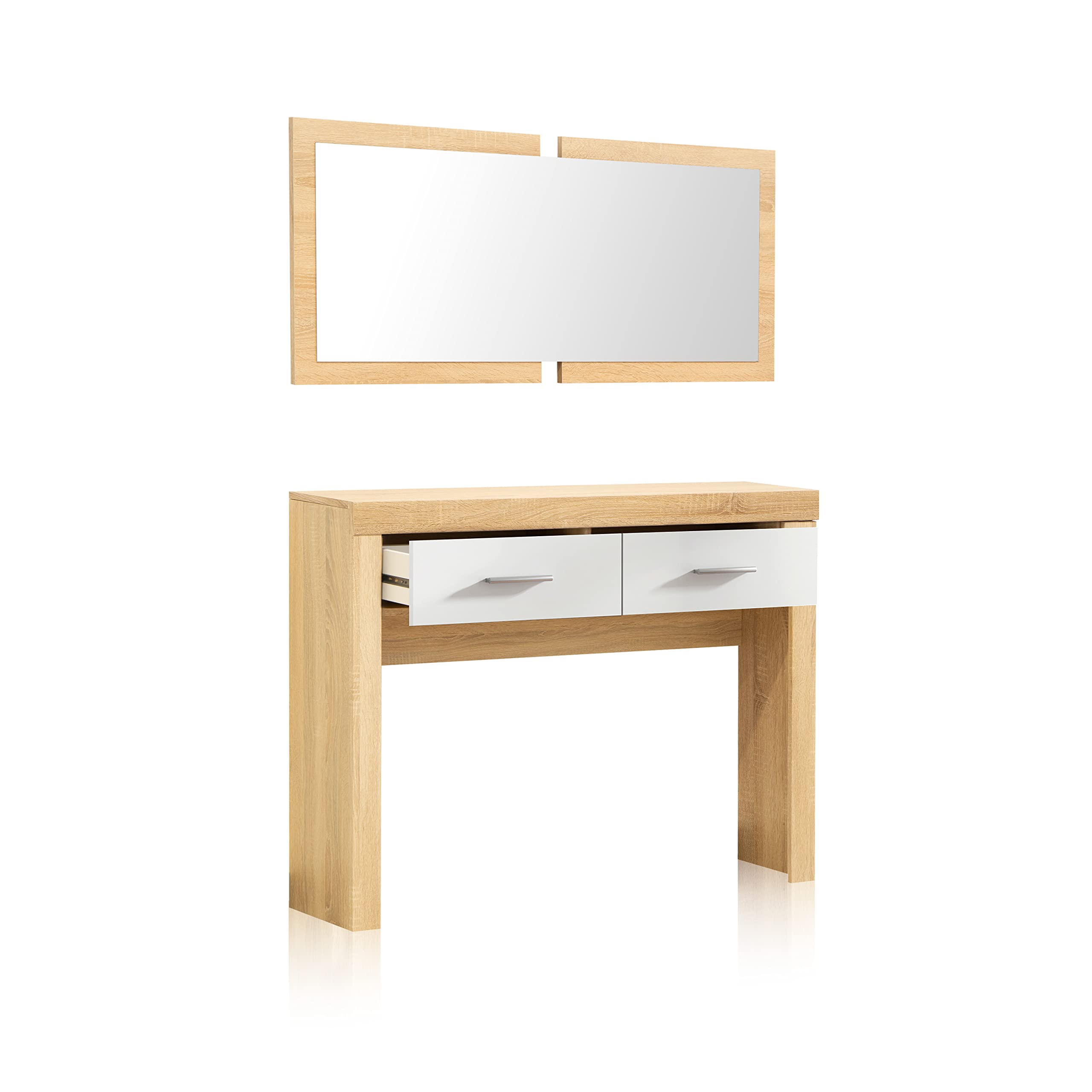 duehome | Recibidor Dos cajones y Espejo, Mueble de Entrada Acabado en Cambria y Blanco, Modelo Nuka, Medidas: 115 cm (Largo) x 26 cm (Fondo) x 85 cm (Alto)