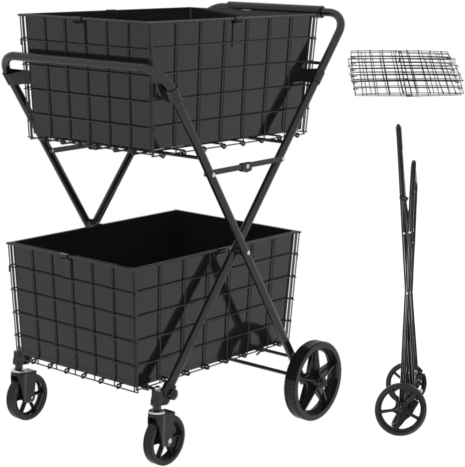 Jumbo Shopping Cart with Double Basket Foldable Grocery Cart on Wheels Large Utility Cart with Waterproof Liner 360° Swivel Wheels Easy Assembly for Groceries Laundry