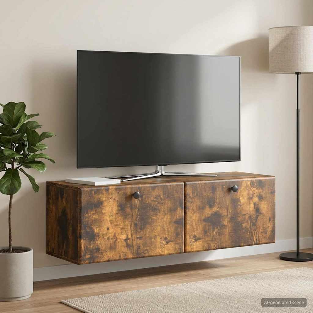 Hothingwell TV-Wandschrank, 98 x 31 x 30 cm, rauchfarbene Eiche, Holz | 90° drehbare Türen, großzügige Aufbewahrung, einfache Reinigung mit feuchtem Tuch, platzsparendes Wanddesign