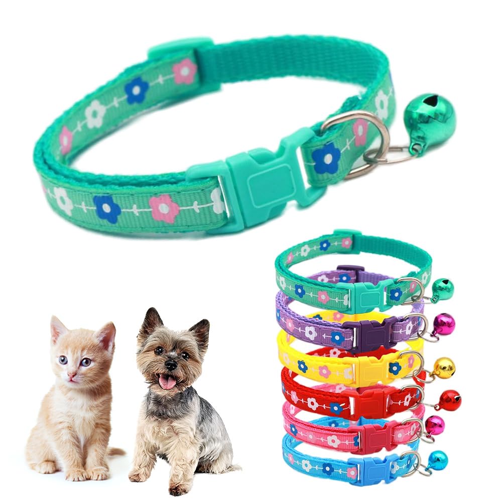 Green XXS Dog Collar with Bell,Flower Cat Collar Girl Cute Fancy Puppy Collar with Bells for XXS XS Tiny Little Kitten Pet Female Dogs,Neck 7-12 Inch