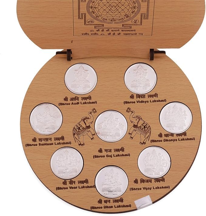 Ganesha Arts Shri Astha Laxmi Darshan in Pure Silver 999 Set of 8 Silver Coins with Yantra in Wooden Frame - 20 Grams