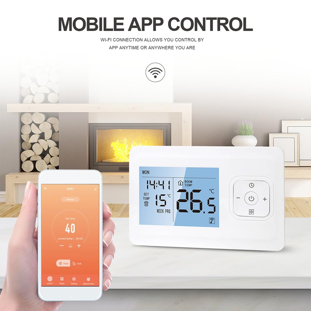 Termostat Wi-Fi, inteligentny termostat, bezprzewodowy, programowalny termostat z odbiornikiem RF, montowany na ścianie, sterowanie aplikacją, sterowanie głosem, kompatybilny z asystentem