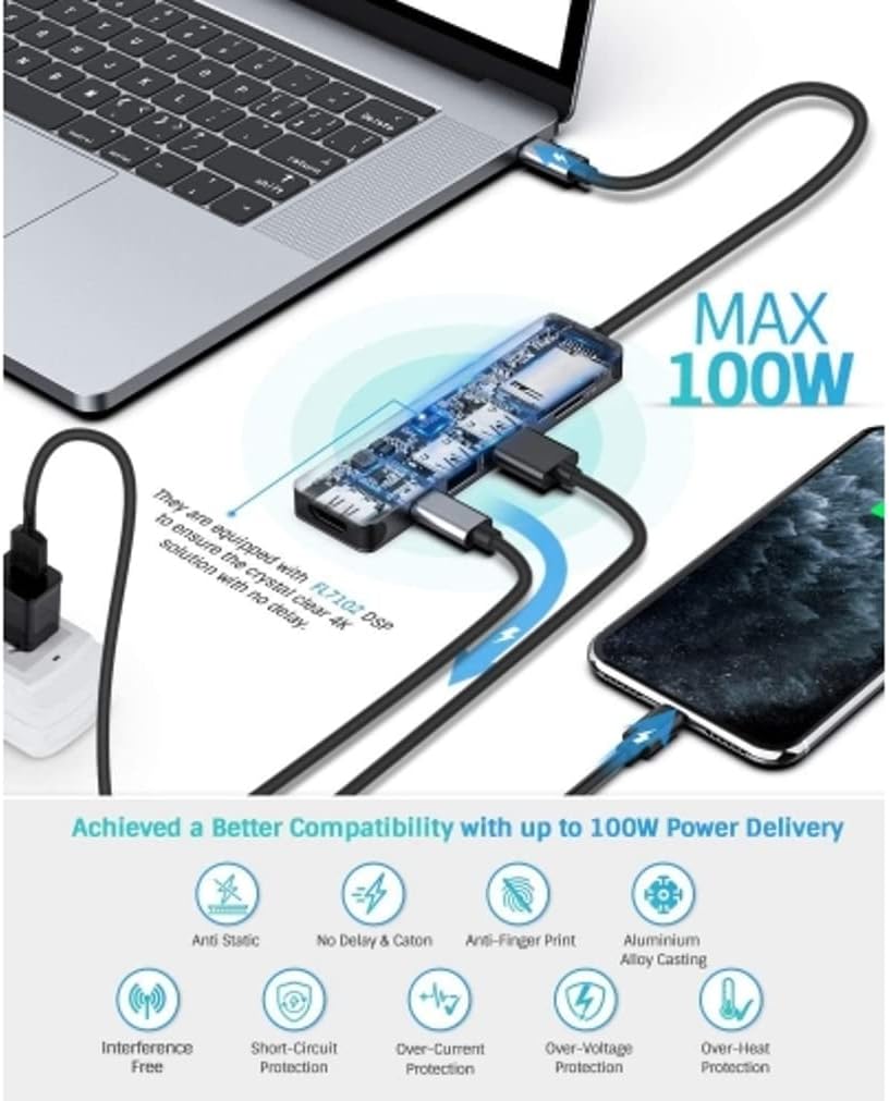 7-in-1 USB C to 4K HDMI Adapter for Compatible with Samsung Galaxy Tab S7/S8/S9 11" Tablets - PD Port HDTV Adapter Charger Port MicroSD Slot TV Video Hub Type-C Z9D