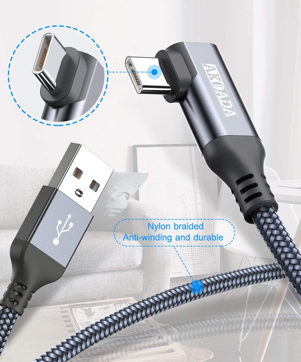Black Friday Clearance Right Angle USB C Cable (2 Pack 10ft), Akoada USB A to USB Type C Nylon Braided Fast Charging Cable for Samsung Galaxy S20 S10 S10e S9 S8 Plus Note 10 9 8,LG G8 G7 V40 V20 V30，GoPro Hero 7 6 5（Grey)