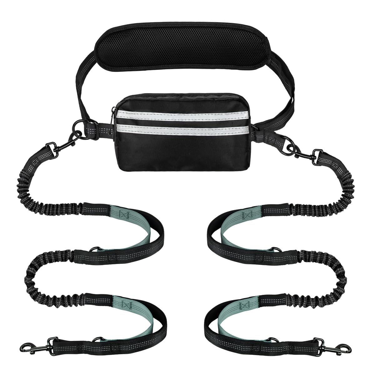 Hands Free Dog Leash with Pouch, Double Leash for Two Dogs, Retractable Bungee with Double Padded Handles, Waist for Dog Walking, Running for Dogs, Dog Walking Accessories: Grey-Green Midum Size Medium 2 Leashes