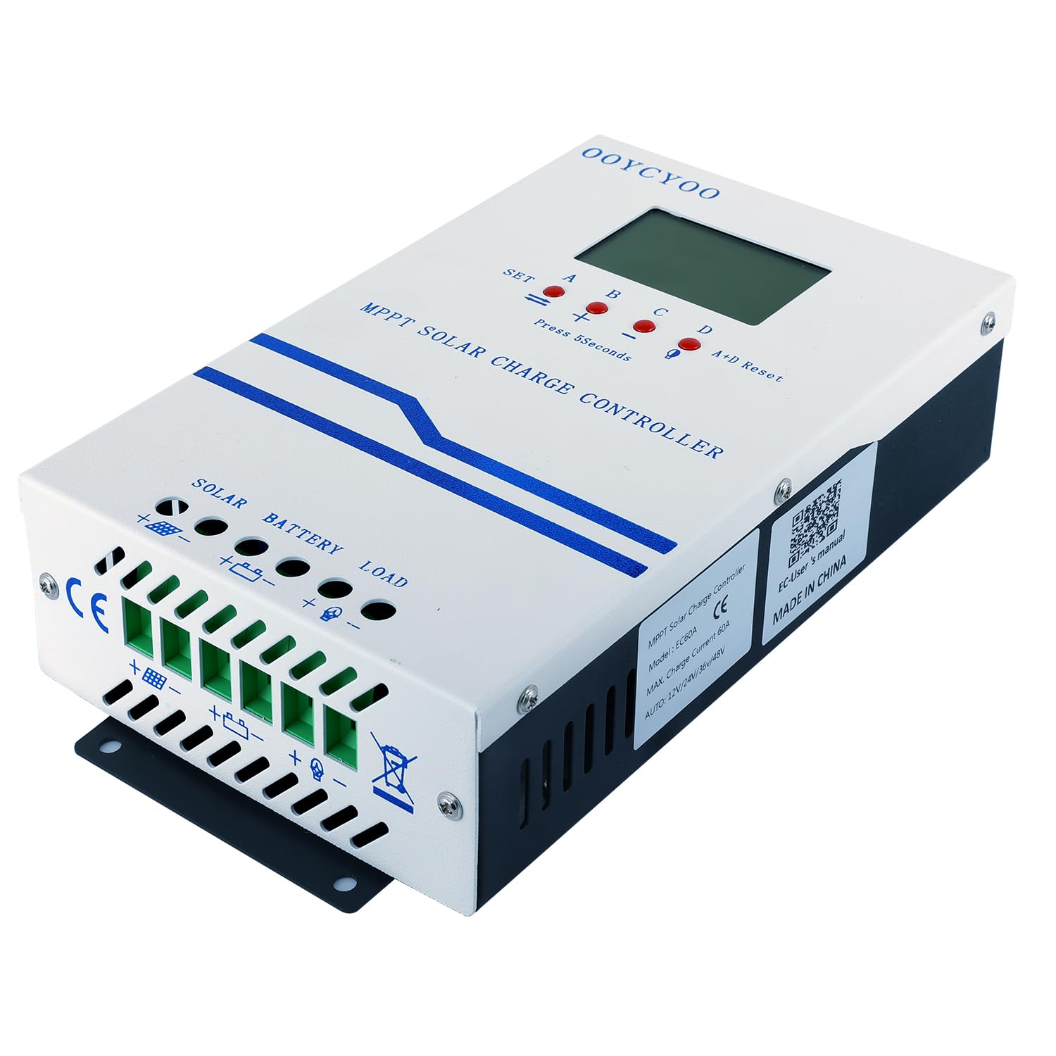 Regolatore di Carica Solare MPPT da 60A, 12V, 24V, 36V, 48V Auto Regolatore Solare, Ingresso PV, Max 160V, 2800W, Sistema da 48V, Adatto per Batterie al Piombo Acido e al Litio