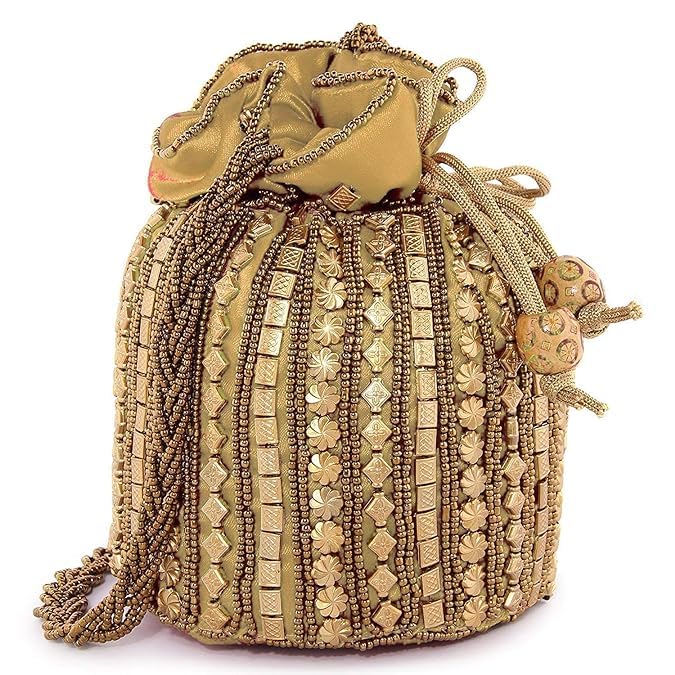 Designer Potli Bag for women with Golden Embroidery and Pearl Handle Tassel (Yellow) (B0D31M524D) Amazon Price History, Amazon Price Tracker