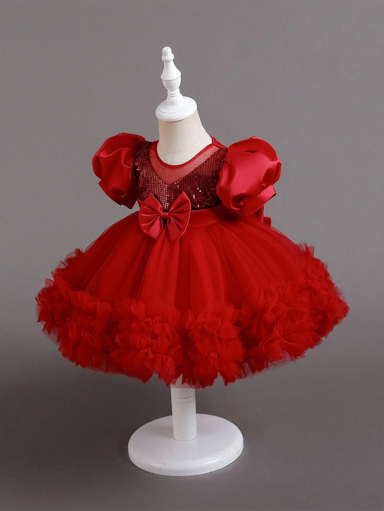 Niren Enterprise Rollar Frock net Embroidery Work Ruffle Patterned Flared Short Sleeve Girl Frock, Pack of 1 (ROLLAR Frock, 1-2Y) Maroon - Image 4 thumbnail