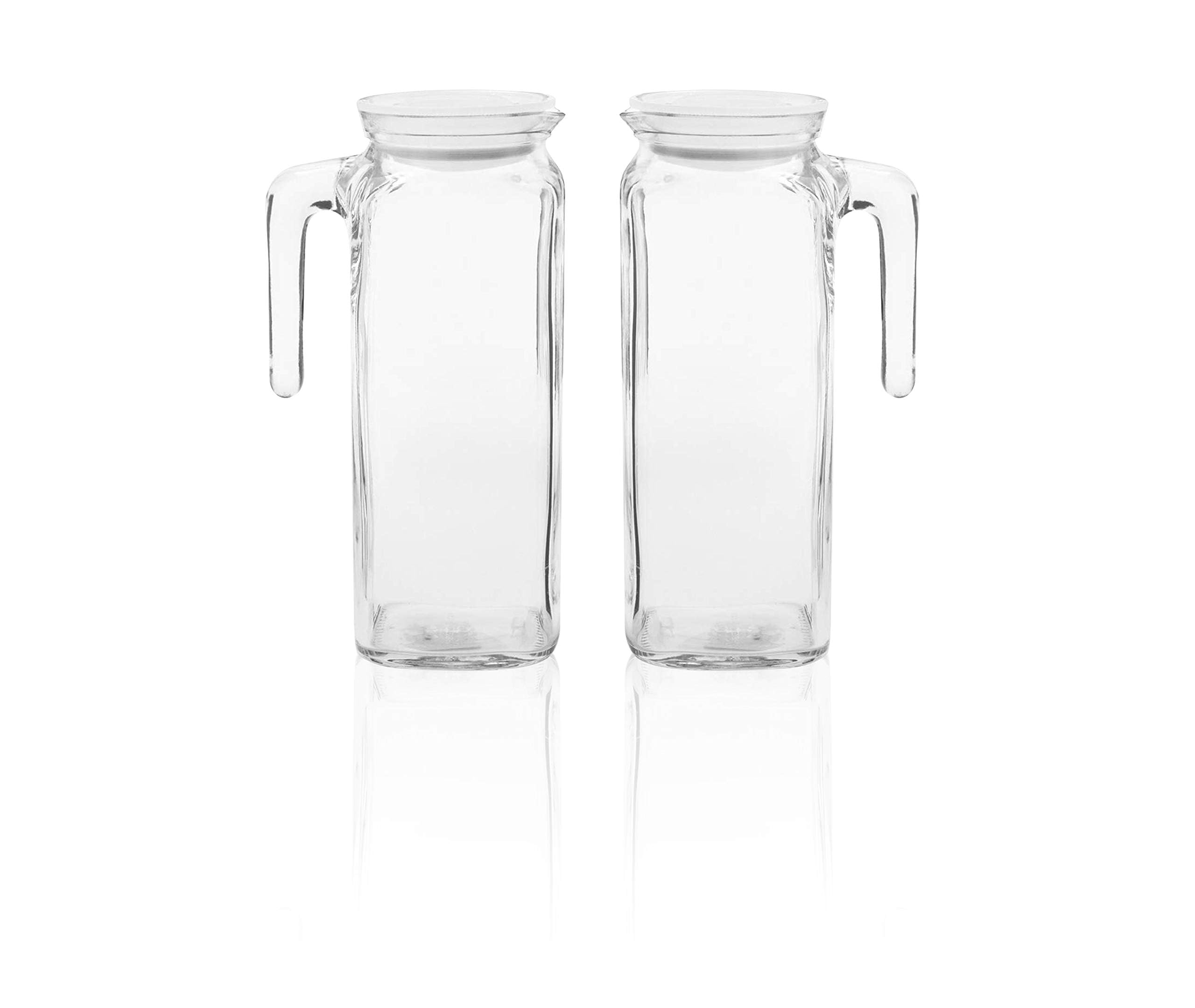 Bormioli Rocco Frigoverre Classic Jug Set of 2-33.75 Oz. Glass Pitchers with Locking White Lids, Ideal for Juice, Milk & Flavored Water - Durable Clear Glass Beverage Jugs for Serving & Storage