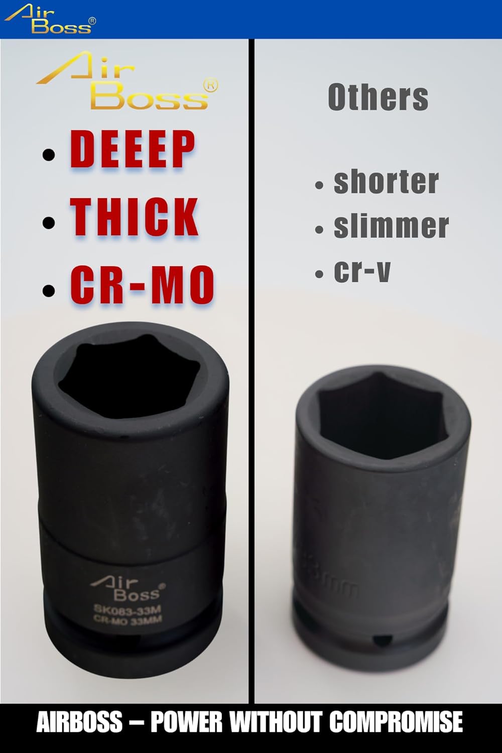 AirBoss 33MM 1" Drive CR-MO Steel DEEP 6 Point Radius Corner Design Chamfered Opening 1" Impact Socket