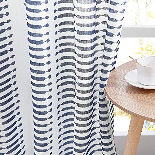 Pony Dance Curtains 95 Inch Long - Window Semi Sheers Faux Linen Textured Curtains Voile Light Filter With Slub Pattern Croix Striped Decor Match With Drapes, 50''W X 95''L In, Navy Blue, Set Of 2 #TOP5