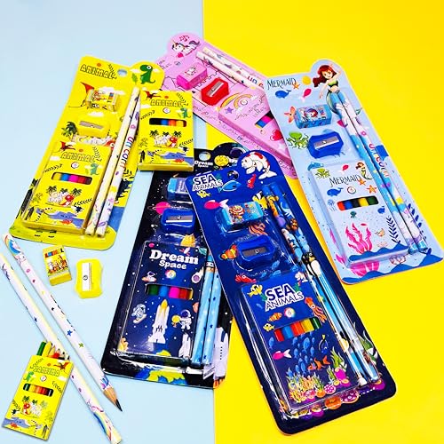Image of PARTEET Cartoon Theme Stationery Gift Set with 2 Pencils, Sharpener, Eraser and 6 Color Pencils, Complete School Supplies |Birthday Return Gifts for Kids (Pack of 5)
