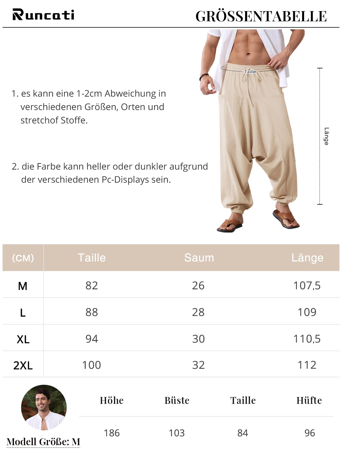 Runcati Pantalones harén de algodón para hombre, holgados, hippie, informales, de lino, para yoga, playa, entrepierna
