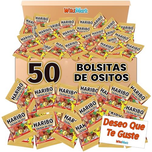Lote 50 Mini Bolsitas Ositos de Oro Haribo con Tarjeta WikiMark 'Deseo que Te Guste'. Bolsitas de Gominolas Haribo Perfectas para Regalar en Cumpleaños, Halloween, Comuniones o Navidad.