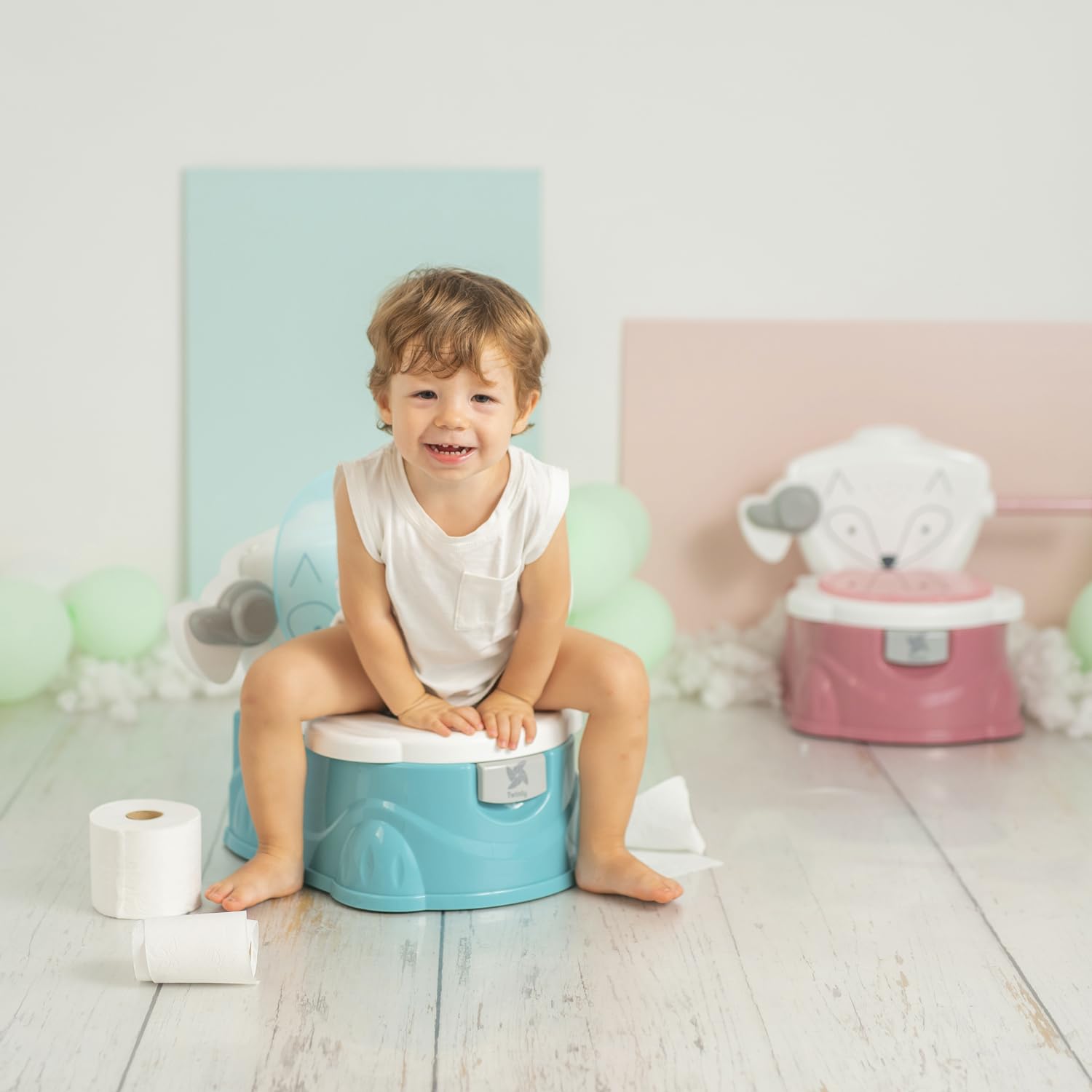 Twinly Foxy Vasino Bambino per Apprendimento Propretà 3-in-1 | Water Bambini con Riduttore WC, Porta Rotolo e Sciacquone Meccanico | Ergonomico, Antiscivolo e Facile da Pulire (Azul)