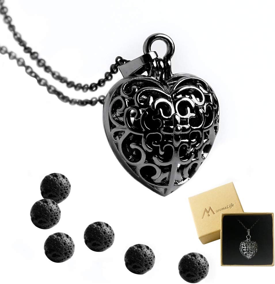Maromalife Essential Oil Diffuser Necklace with Lava Stone Beads, Lovely Heart Aromatherapy Diffuser Locket Pendant with 6 PCS Lava Rocks and 25.5inches Adjustable Chain Gift Set (Black)