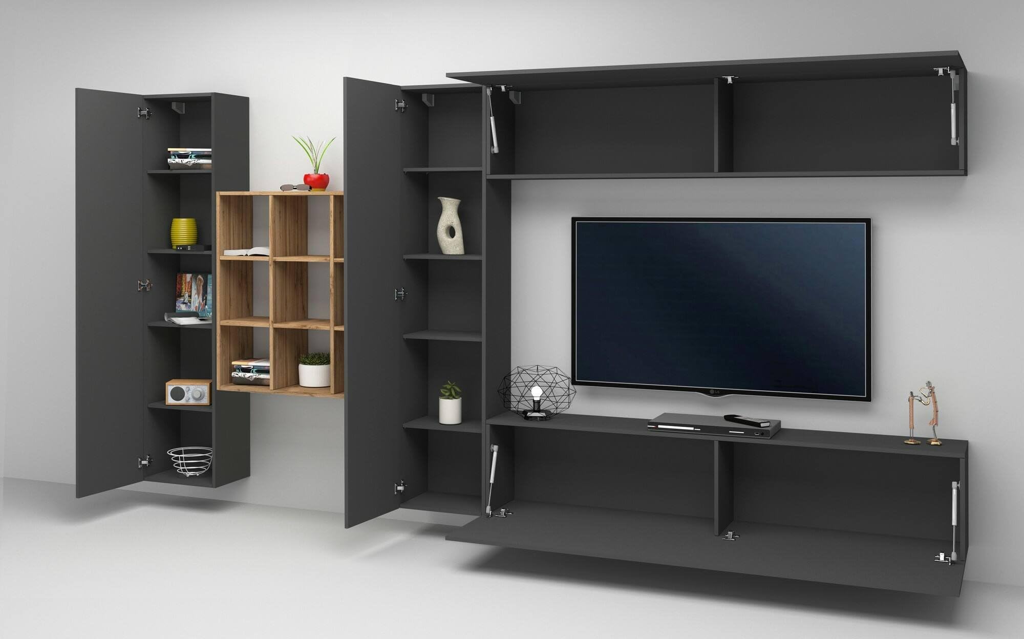Dmora Parete Attrezzata Gualtiero 30x350x180h cm Nero Antracite 20 Ripiani 4 Ante, Apertura Battente e a Ribalta Made in Italy